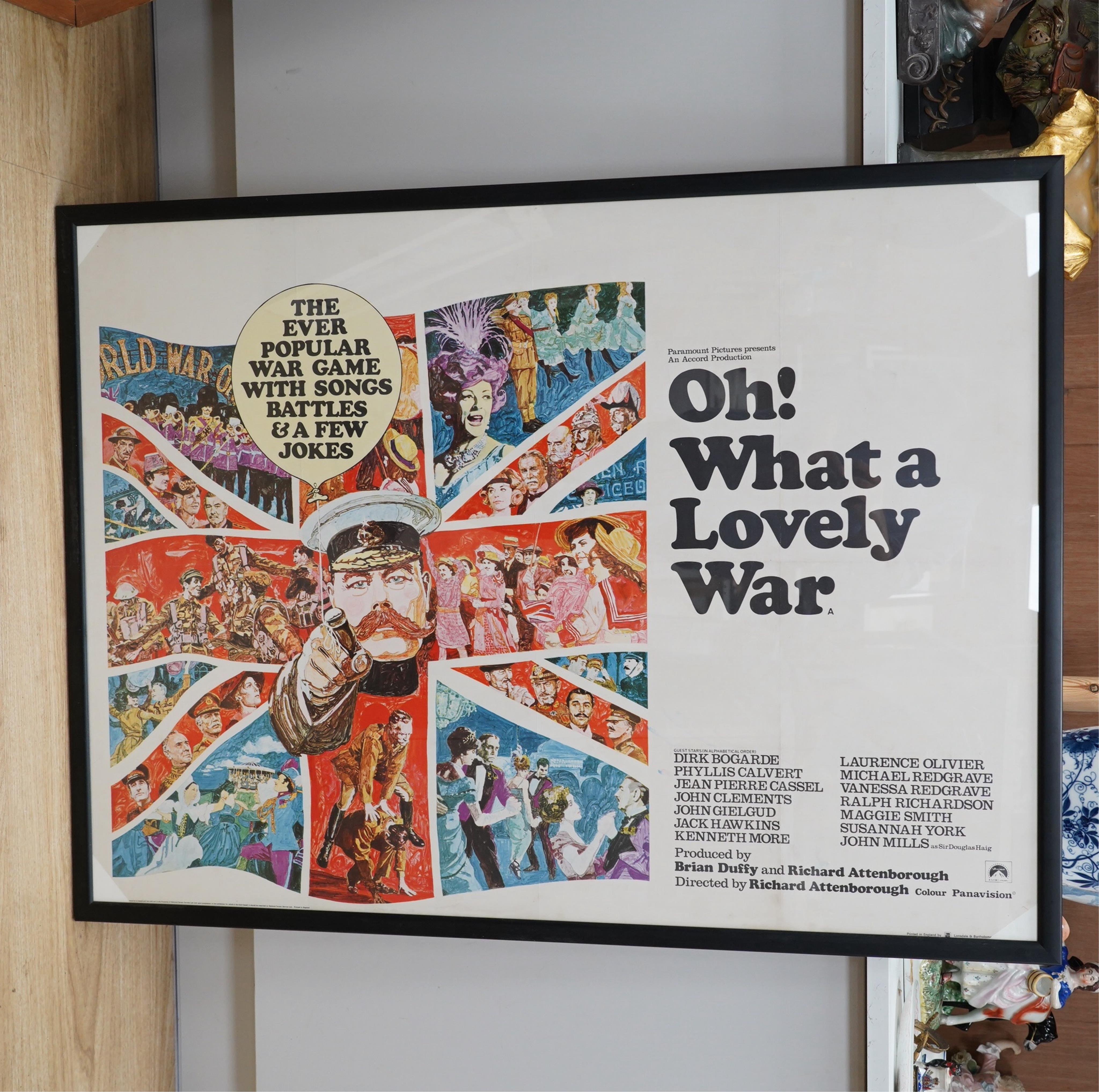 Four framed vintage film posters including ‘Oh! What a Lovely War’ printed in England by Lonsdale & Bartholomew and one reproduction, largest 75cm x 100cm. Condition - fair